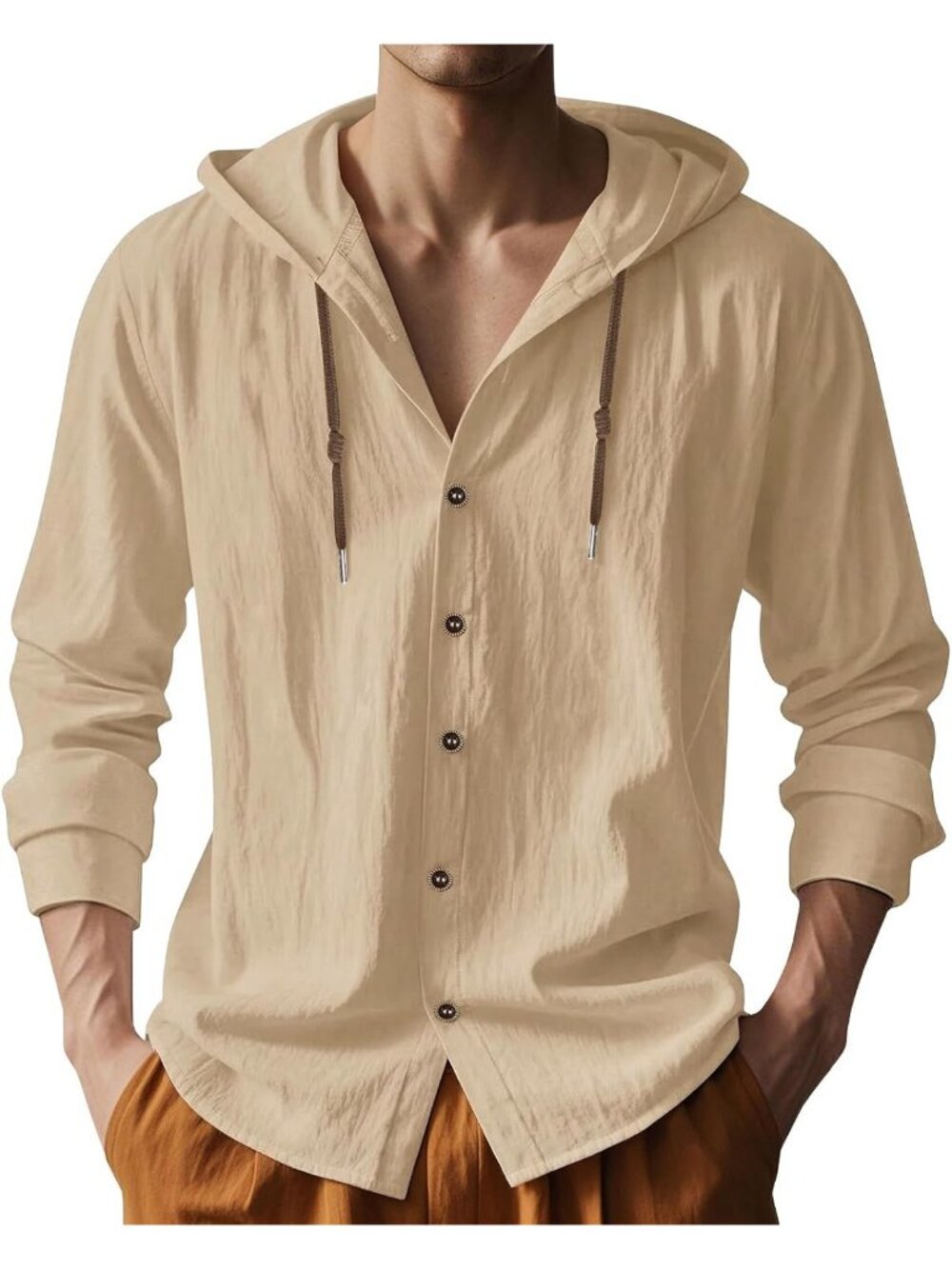 Men's Khaki Cotton Linen Long Sleeve Top Casual Lightweight Button Down Hoodie